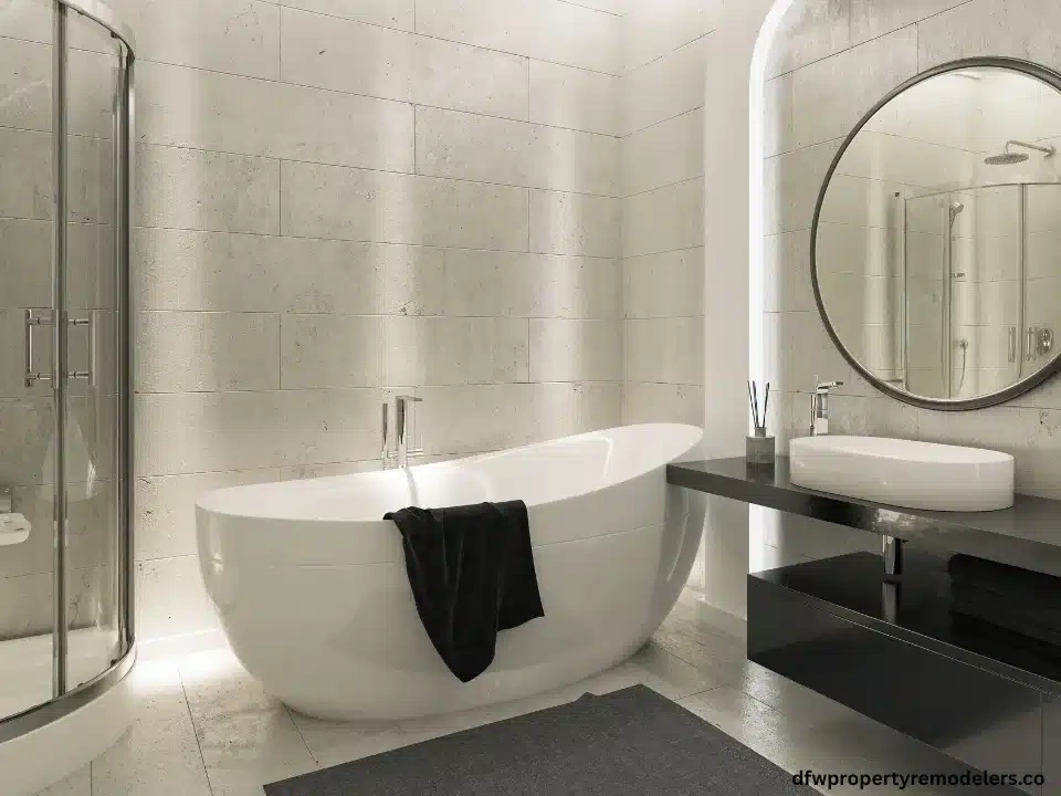 Modern bathtub with black tile wall. Bathroom Remoddeling.