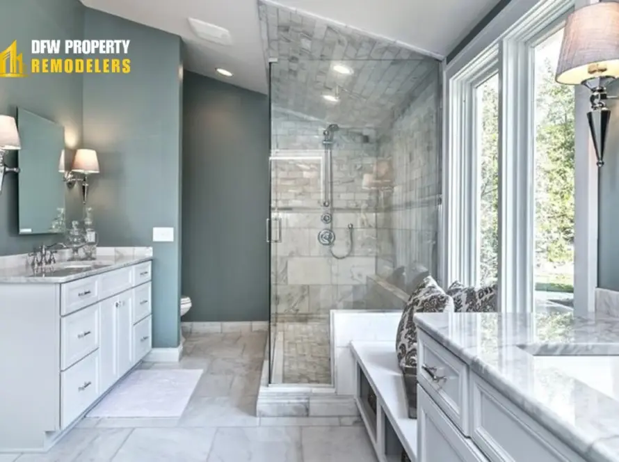 Bathroom remodel cost in Dallas – modern marble shower, double vanity, and luxury bathroom renovation design