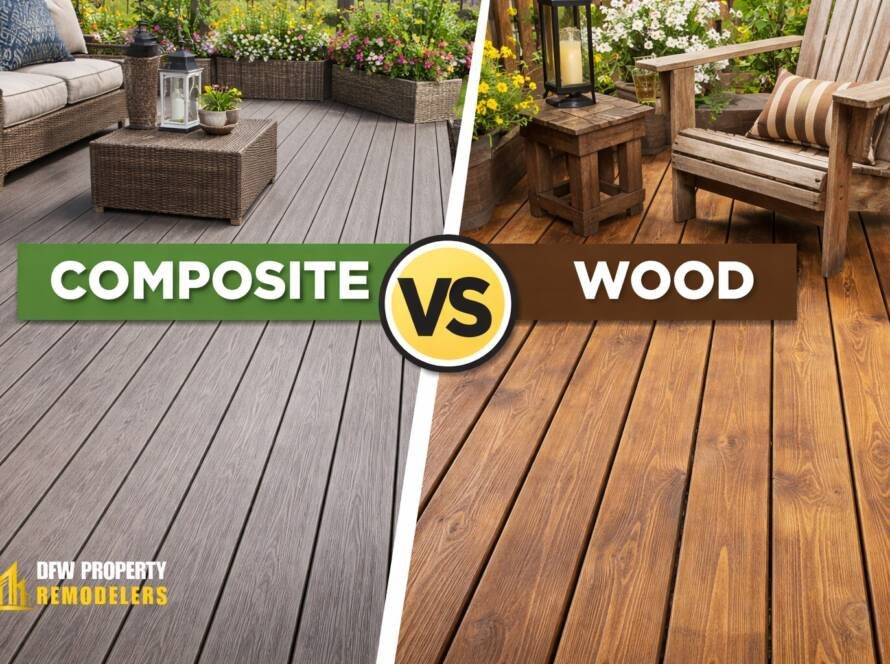 Composite Decking vs Wood comparison showing outdoor patio deck materials and design options.