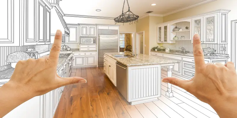 Kitchen sketch transitioning to reality during a home remodeling timeline.