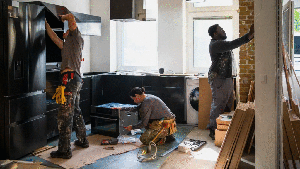 Workers installing kitchen appliances during a home remodeling timeline.