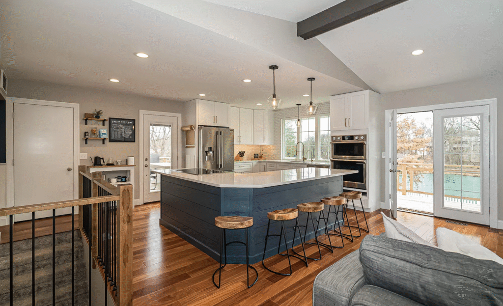 Modern basement pool table & fireplace: a home remodeling timeline.