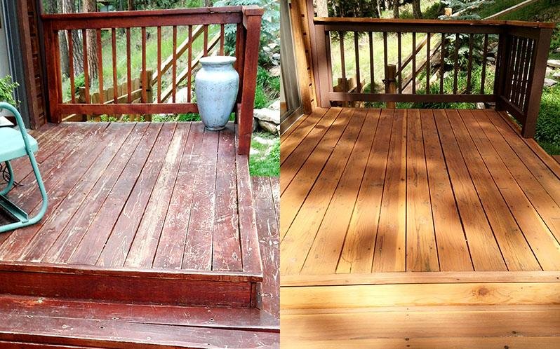 Before and after Fence and Deck Staining on a weathered wooden outdoor patio.