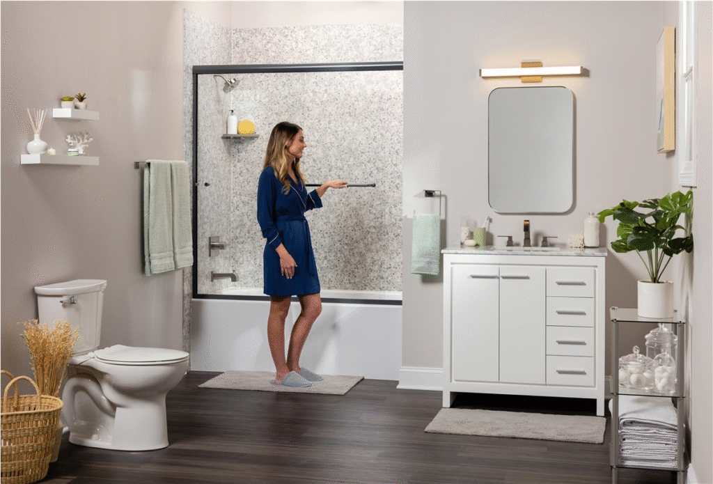 Bathroom remodelers in Dallas remodeled shower, white vanity, and dark hardwood floors
