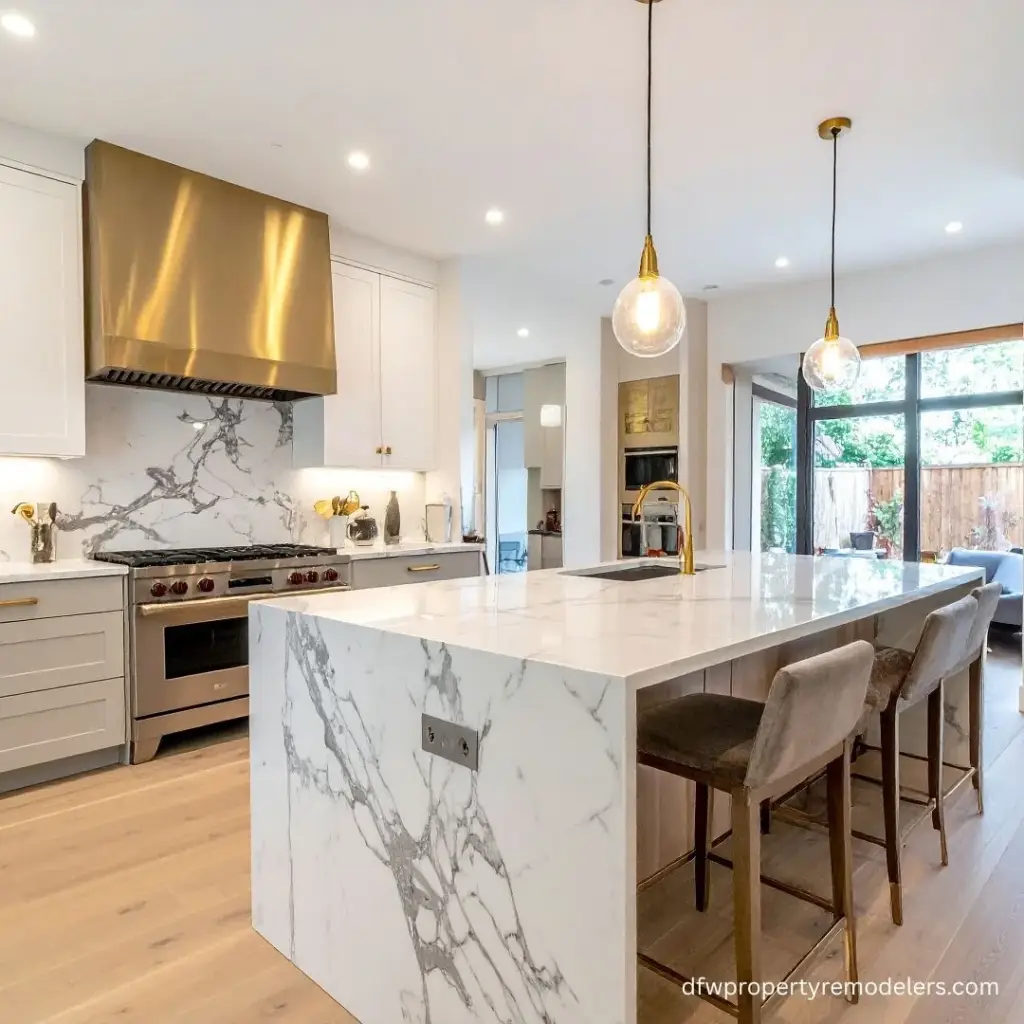 Modern luxury kitchen with marble island, pendant lights and stylish cabinets